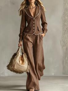 LUMIGAL Women's New Autumn Casual Commute Trim Strip Waist-Cinching Button-Up Blazer Suit Set - Coffee Brown - View 7