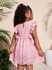 Elladie kids 春夏粉色镂空公主裙，方领短袖，腰部收紧蝴蝶结装饰，适合休闲外出、生日派对、上学等场合穿着。 - 粉色 - 查看 2