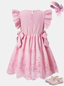 Elladie kids 春夏粉色镂空公主裙，方领短袖，腰部收紧蝴蝶结装饰，适合休闲外出、生日派对、上学等场合穿着。 - 粉色 - 查看 4