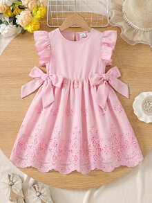 Elladie kids 春夏粉色镂空公主裙，方领短袖，腰部收紧蝴蝶结装饰，适合休闲外出、生日派对、上学等场合穿着。 - 粉色 - 查看 3