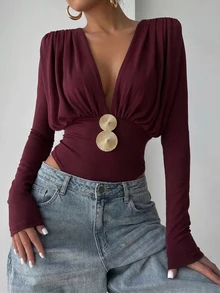 SHEIN Unity Women's Deep V-Neck Metal Decor Casual Versatile Bodysuit - Coffee Brown - View 2
