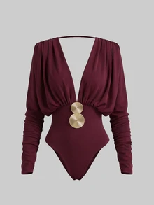 SHEIN Unity Women's Deep V-Neck Metal Decor Casual Versatile Bodysuit - Coffee Brown - View 1