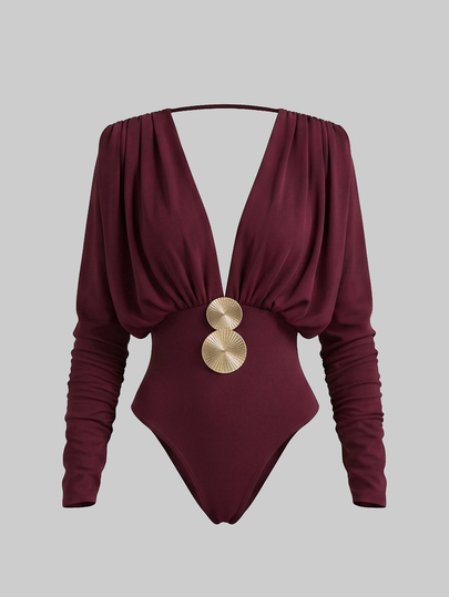 SHEIN Unity Women's Deep V-Neck Metal Decor Casual Versatile Bodysuit