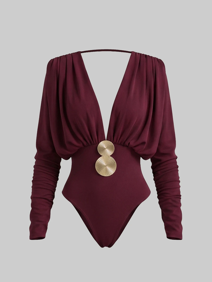 SHEIN Unity Women's Deep V-Neck Metal Decor Casual Versatile Bodysuit - Coffee Brown - View 1