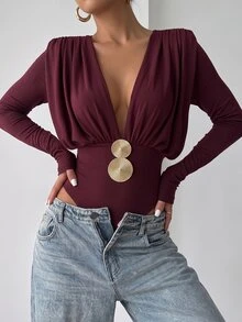 SHEIN Unity Women's Deep V-Neck Metal Decor Casual Versatile Bodysuit - Coffee Brown - View 3