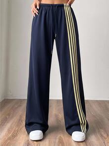 SHEIN EZwear 海軍藍針織女款側條紋抽繩腰運動長褲，夏季運動健身休閒寬鬆運動風 - 藏蓝色 - 查看 12