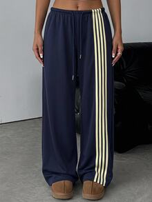 SHEIN EZwear 海軍藍針織女款側條紋抽繩腰運動長褲，夏季運動健身休閒寬鬆運動風 - 藏蓝色 - 查看 11