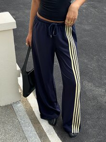 SHEIN EZwear 海軍藍針織女款側條紋抽繩腰運動長褲，夏季運動健身休閒寬鬆運動風 - 藏蓝色 - 查看 10