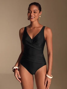 Swim Chiccia Summer Beach Women Solid Color Simple Style One-Piece Swimsuit For Vacation - Black - View 5