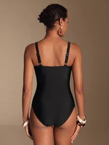 Swim Chiccia Summer Beach Women Solid Color Simple Style One-Piece Swimsuit For Vacation - Black - View 3