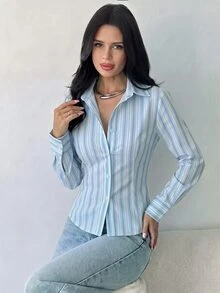 Firerie 女款休閒前扣鈕扣與後綁帶腰部修身長袖襯衫，藍色條紋，適合秋冬休閒極簡日常百搭，約會出遊穿搭，女款秋季服飾，秋季穿搭，女款通勤穿搭，百搭上衣，出遊穿搭，機場穿搭 - 彩色 - 查看 3