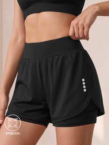 SHEIN Shorts Pretos para Adolescentes, Roupa de Yoga Casual Minimalista, Tecido Elástico de Alta Compressão com Ajuste Confortável e Elasticidade em 4 Direções, Shorts de Segurança com Quatro Cantos Embutidos, com Bolsos, Shorts de Academia - Preto - Visão 1