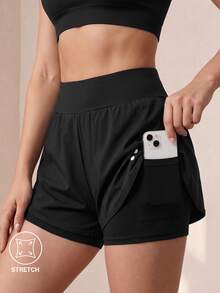 SHEIN Shorts Pretos para Adolescentes, Roupa de Yoga Casual Minimalista, Tecido Elástico de Alta Compressão com Ajuste Confortável e Elasticidade em 4 Direções, Shorts de Segurança com Quatro Cantos Embutidos, com Bolsos, Shorts de Academia - Preto - Visão 3