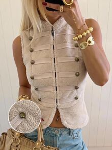 SHEIN EZwear 女款鉚釘裝飾休閒復古學院風優雅百搭日常夾克 米色 夏季 日常度假款 - 卡其色 - 查看 12