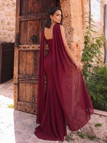 Glamrae Elegant Romantic Burgundy Luxurious Beaded Sequin Lace Embroidered Patchwork Elastic Knit Mesh Ruched Mermaid Skirt Dress For Wedding Prom Graduation - Burgundy - View 3