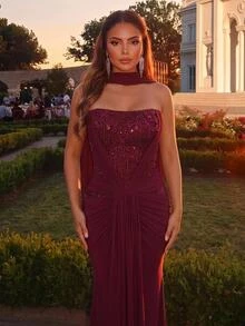 Glamrae Elegant Romantic Burgundy Luxurious Beaded Sequin Lace Embroidered Patchwork Elastic Knit Mesh Ruched Mermaid Skirt Dress For Wedding Prom Graduation - Burgundy - View 6