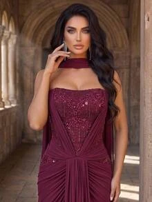 Glamrae Elegant Romantic Burgundy Luxurious Beaded Sequin Lace Embroidered Patchwork Elastic Knit Mesh Ruched Mermaid Skirt Dress For Wedding Prom Graduation - Burgundy - View 1
