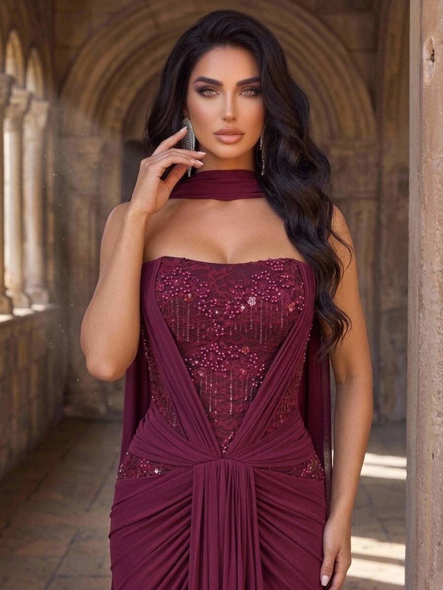 Glamrae Elegant Romantic Burgundy Luxurious Beaded Sequin Lace Embroidered Patchwork Elastic Knit Mesh Ruched Mermaid Skirt Dress For Wedding Prom Graduation - Burgundy - View 1