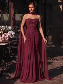 Glamrae Elegant Romantic Burgundy Luxurious Beaded Sequin Lace Embroidered Patchwork Elastic Knit Mesh Ruched Mermaid Skirt Dress For Wedding Prom Graduation - Burgundy - View 4