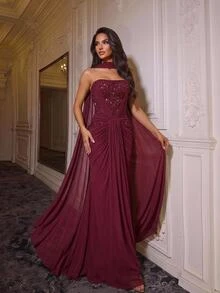 Glamrae Elegant Romantic Burgundy Luxurious Beaded Sequin Lace Embroidered Patchwork Elastic Knit Mesh Ruched Mermaid Skirt Dress For Wedding Prom Graduation - Burgundy - View 2