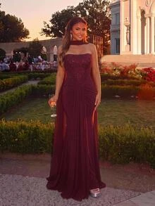 Glamrae Elegant Romantic Burgundy Luxurious Beaded Sequin Lace Embroidered Patchwork Elastic Knit Mesh Ruched Mermaid Skirt Dress For Wedding Prom Graduation - Burgundy - View 5