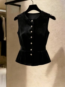 LUMIGAL Women's Velvet Vintage Elegant Button Vest, Versatile For Dating Brunch Tea Party Black Summer - Black - View 3