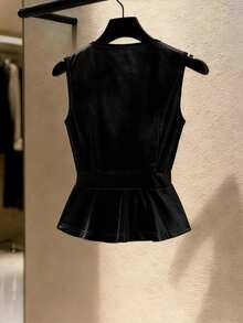LUMIGAL Women's Velvet Vintage Elegant Button Vest, Versatile For Dating Brunch Tea Party Black Summer - Black - View 8