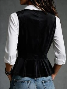 LUMIGAL Women's Velvet Vintage Elegant Button Vest, Versatile For Dating Brunch Tea Party Black Summer - Black - View 2