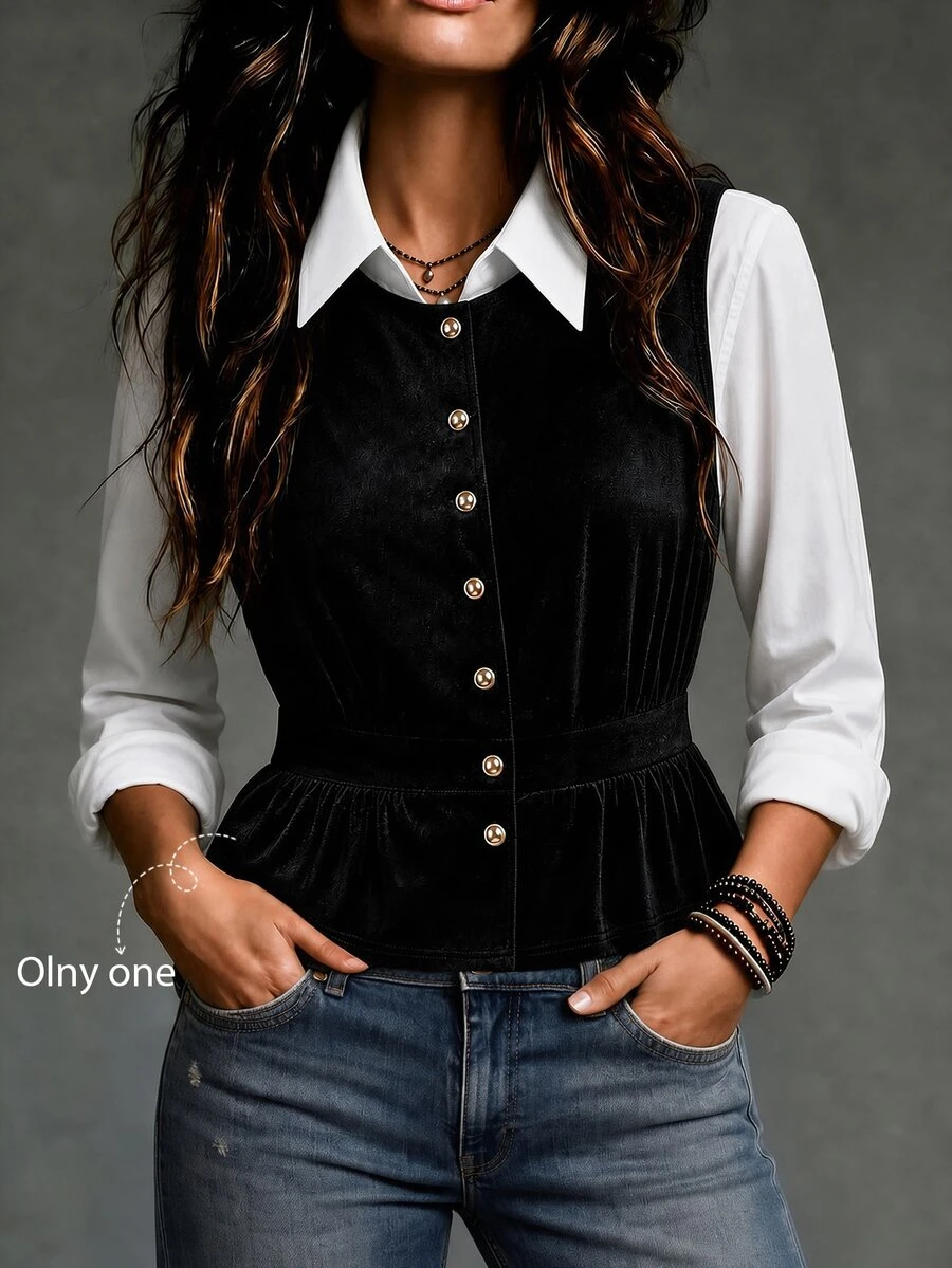 LUMIGAL Women's Velvet Vintage Elegant Button Vest, Versatile For Dating Brunch Tea Party Black Summer - Black - View 1
