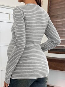 Dazy Maternity Contrast Striped Fitted Long Sleeve Round Neck Casual Street Vacation Spring Autumn Maternity T-Shirt - Grey - View 2