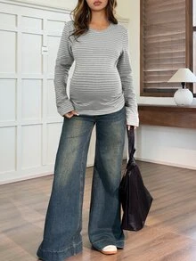 Dazy Maternity Contrast Striped Fitted Long Sleeve Round Neck Casual Street Vacation Spring Autumn Maternity T-Shirt - Grey - View 5