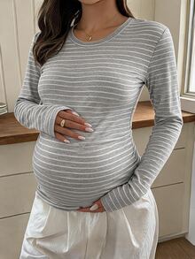 Dazy Maternity Contrast Striped Fitted Long Sleeve Round Neck Casual Street Vacation Spring Autumn Maternity T-Shirt - Grey - View 1
