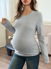 Dazy Maternity Contrast Striped Fitted Long Sleeve Round Neck Casual Street Vacation Spring Autumn Maternity T-Shirt - Grey - View 6