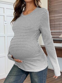 Dazy Maternity Contrast Striped Fitted Long Sleeve Round Neck Casual Street Vacation Spring Autumn Maternity T-Shirt - Grey - View 8
