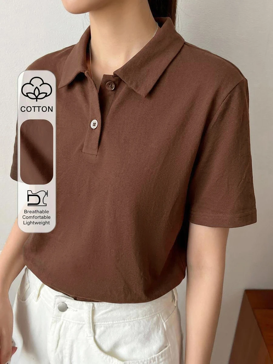Dazy-Less 女款寬鬆休閒端莊 Polo 領短袖鈕扣開襟咖啡棕純色 100% 純棉 T 恤 辦公室夏季款 - 咖啡棕 - 查看 1
