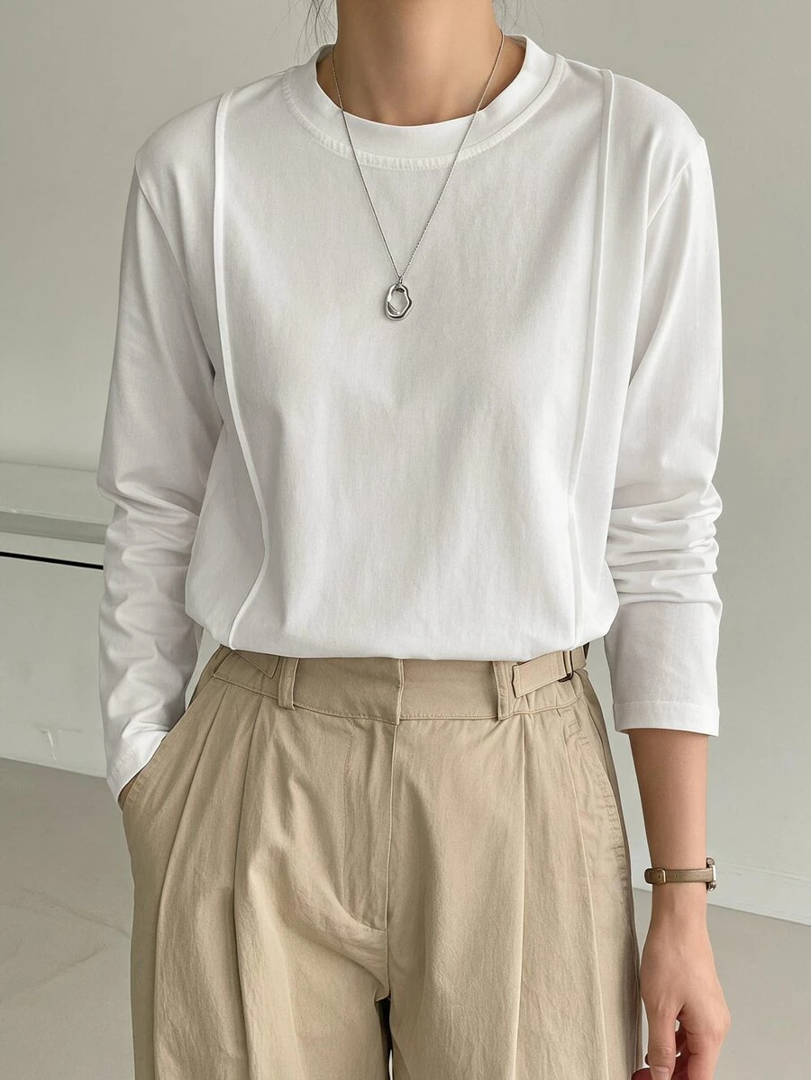 Dazy-Less Women's Round Neck Short Sleeve Solid White Cotton Loose Fit All-Match Versatile T-Shirt Business Casual Woman - White - View 1