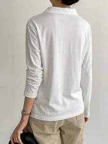 Dazy-Less Women's Solid Color Polo Collar Long Sleeve Casual Minimalist Basic T-Shirt Office All White Summer - White - View 2