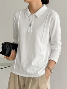 Dazy-Less Women's Solid Color Polo Collar Long Sleeve Casual Minimalist Basic T-Shirt Office All White Summer - White - View 5