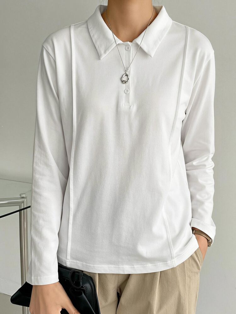 Dazy-Less Women's Solid Color Polo Collar Long Sleeve Casual Minimalist Basic T-Shirt Office All White Summer - White - View 6