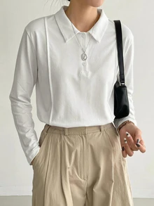 Dazy-Less Women's Solid Color Polo Collar Long Sleeve Casual Minimalist Basic T-Shirt Office All White Summer - White - View 3