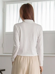 Dazy-Less Women's White Solid Color Knit Polo T-Shirt With Collar, Button Half-Placket, Long Sleeve, Slim Fit Fall Business Casual Woman - White - View 2