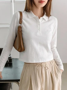 Dazy-Less Women's White Solid Color Knit Polo T-Shirt With Collar, Button Half-Placket, Long Sleeve, Slim Fit Fall Business Casual Woman - White - View 3