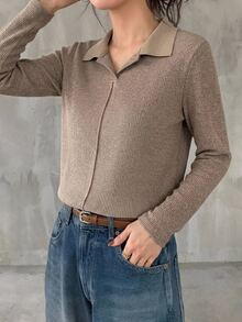 Dazy-Less Women's Crew Neck Short Sleeve Khaki Solid Color Loose Drop Shoulder Casual Minimalist Basic T-Shirt Business Casual Woman - Khaki - View 4