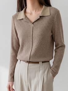 Dazy-Less Women's Crew Neck Short Sleeve Khaki Solid Color Loose Drop Shoulder Casual Minimalist Basic T-Shirt Business Casual Woman - Khaki - View 1