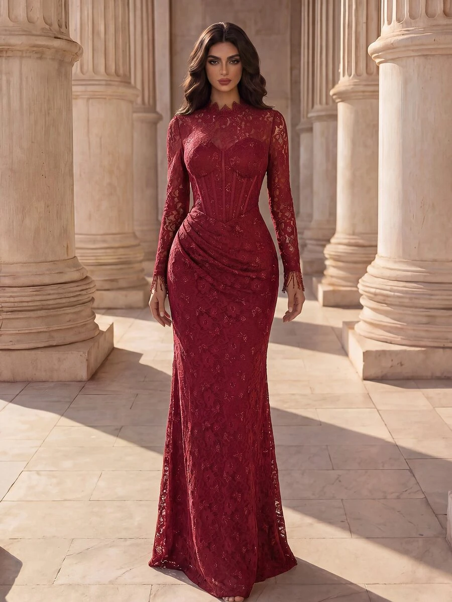 Coutiva Women's Lace High Neckline Patchwork Ruffle Long Sleeve Cuff Patchwork Tassel Long Formal Evening Gown (Heavy Workmanship) - Burgundy - View 1