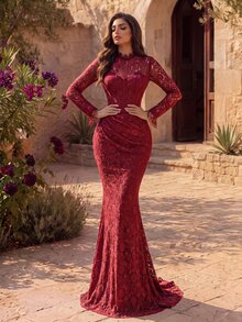 Coutiva فستان سهرة طويل رسمي للنساء برقبة عالية من الدانتيل مع تصميم مرقع وكشكشة وأكمام طويلة مع أساور مرقعة وشرابات (صناعة ثقيلة) - عنابي اللون - مشاهدة 11