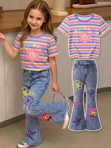 Setelan 2 Potong untuk Anak Perempuan, Kasual Minimalis Motif Kartun, Atasan Lengan Pendek Leher Bulat dan Celana Lebar, Cocok untuk Musim Panas - MultiWarna - View 1