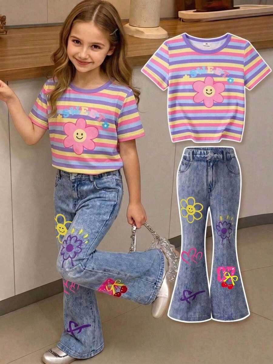 Setelan 2 Potong untuk Anak Perempuan, Kasual Minimalis Motif Kartun, Atasan Lengan Pendek Leher Bulat dan Celana Lebar, Cocok untuk Musim Panas - MultiWarna - View 1