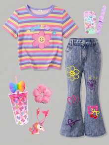 Setelan 2 Potong untuk Anak Perempuan, Kasual Minimalis Motif Kartun, Atasan Lengan Pendek Leher Bulat dan Celana Lebar, Cocok untuk Musim Panas - MultiWarna - View 6