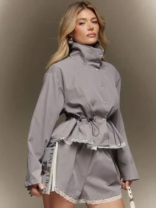 Hauture Women's Grey Lace Trim Pleated Jacket, Stand Collar Drawstring Waist Button Front Casual Autumn Outerwear - Grey - View 4